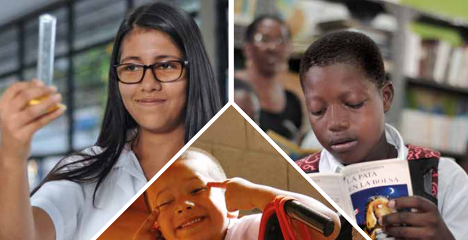 Composición de tres fotografías que muestran a estudiantes realizando actividades académicas como experimentar con un tubo de ensayo, leer un libro y participar en una actividad escolar.