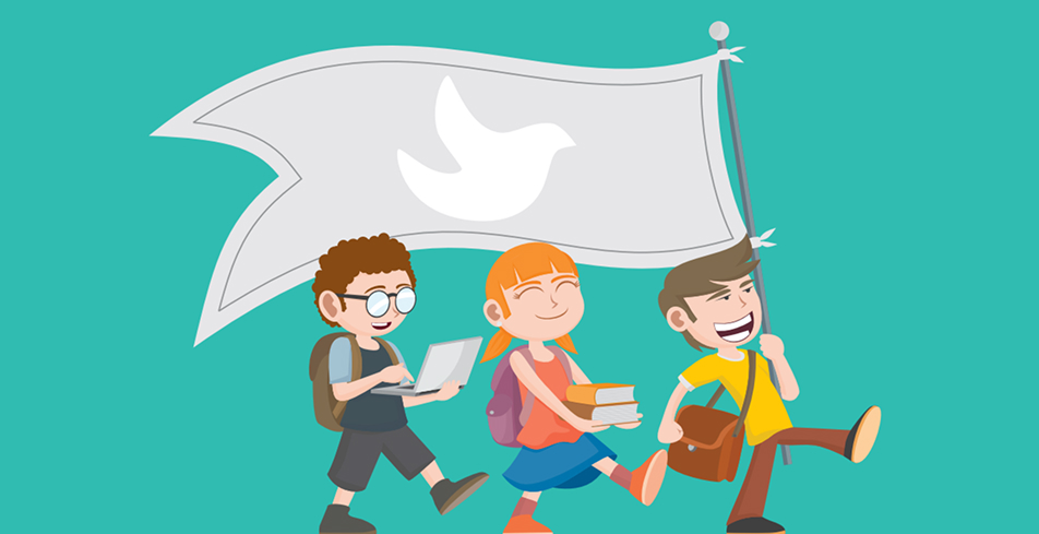 Ilustración de tres estudiantes caminando con libros y un computador mientras sostienen una bandera con el símbolo de una paloma.