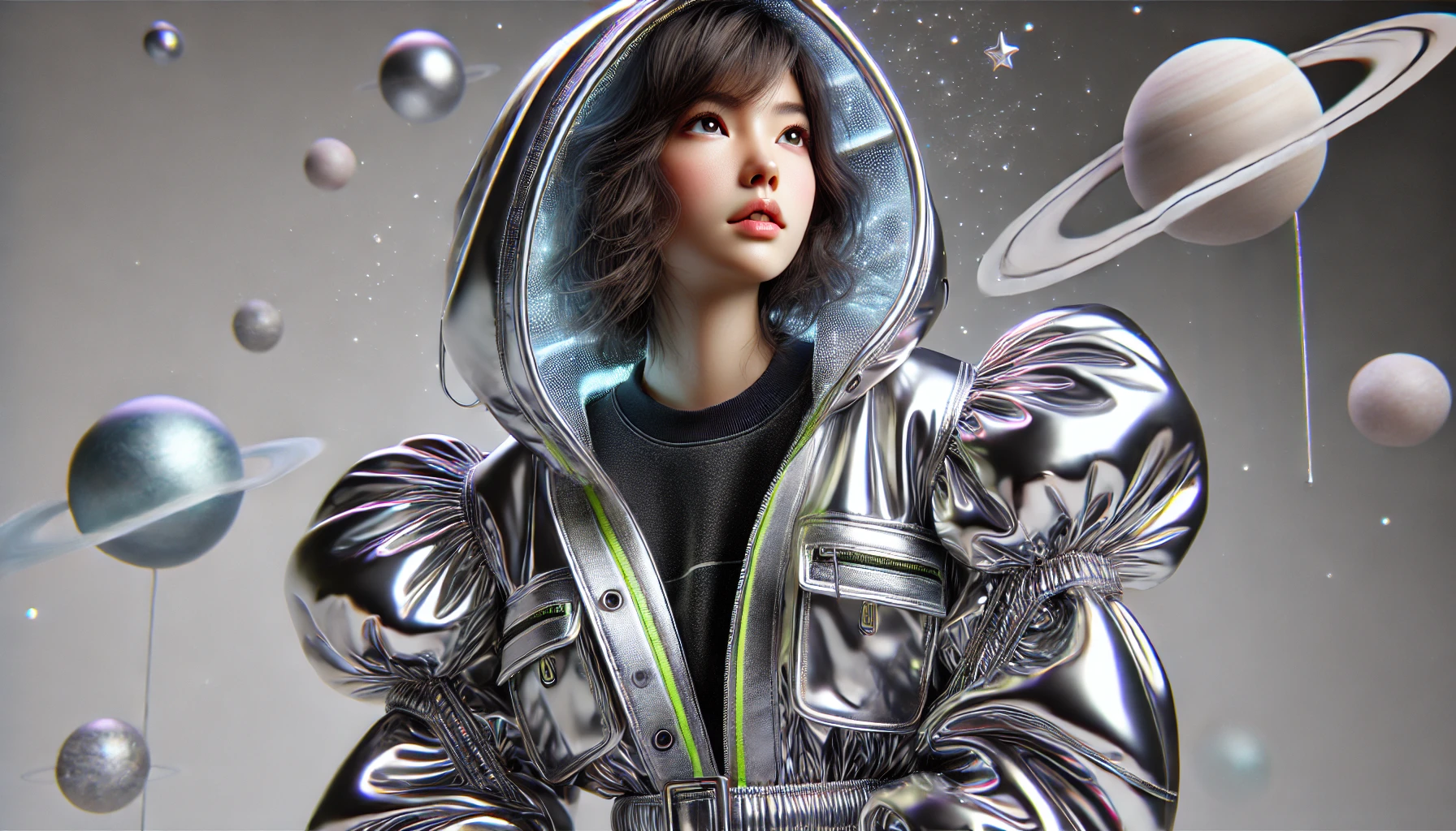 DALL·E 2024-08-09 10.23.50 - A realistic digital artwork featuring a young female character with a modern and high-fashion appearance, looking upward. She has light skin and long,.webp