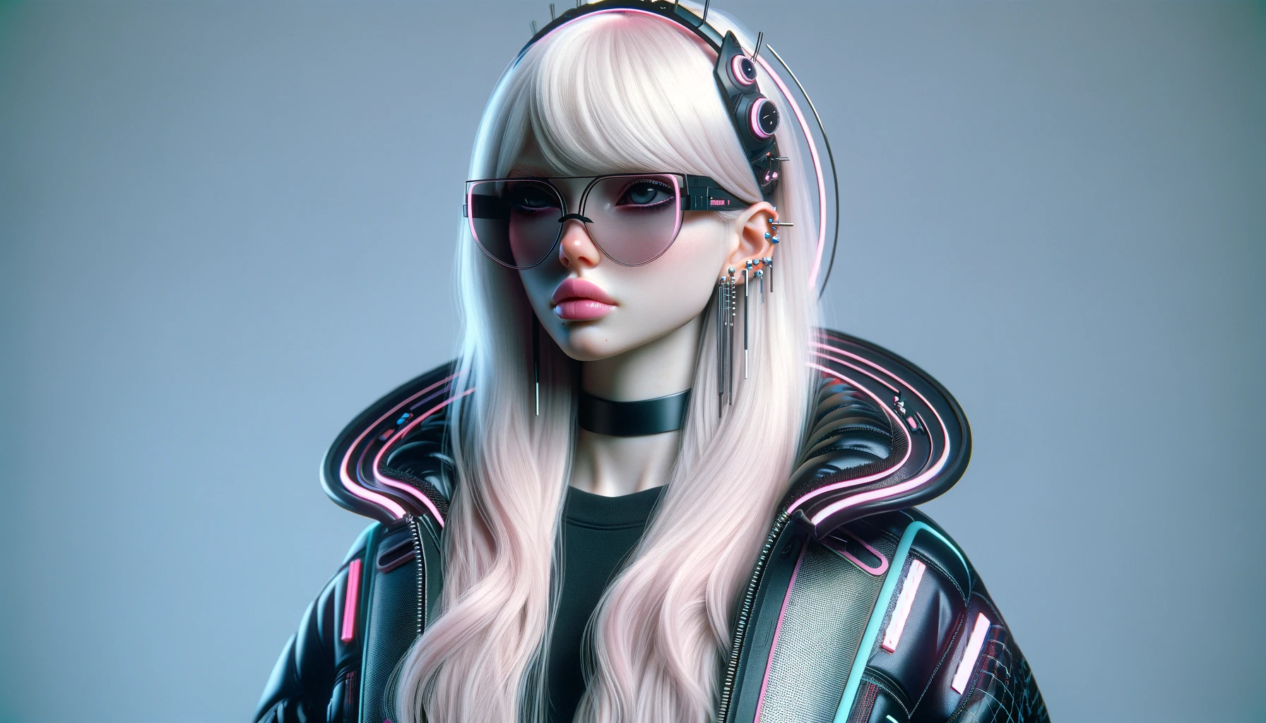 DALL·E 2024-08-09 10.27.39 - A realistic image featuring a futuristic female character with an ethereal and avant-garde appearance. The character has very pale skin and long, stra.webp