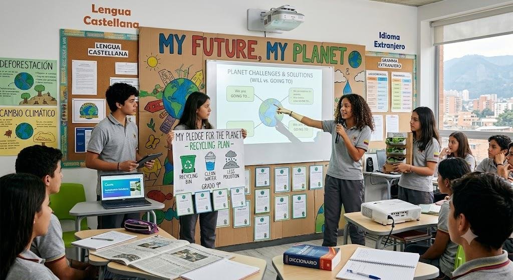 Estudiantes de grado noveno presentan propuestas ambientales en inglés sobre el futuro del planeta.