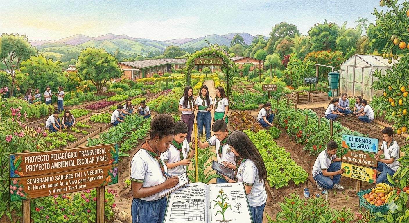 Estudiantes y comunidad cultivan un huerto escolar como aula viva de aprendizaje ambiental.