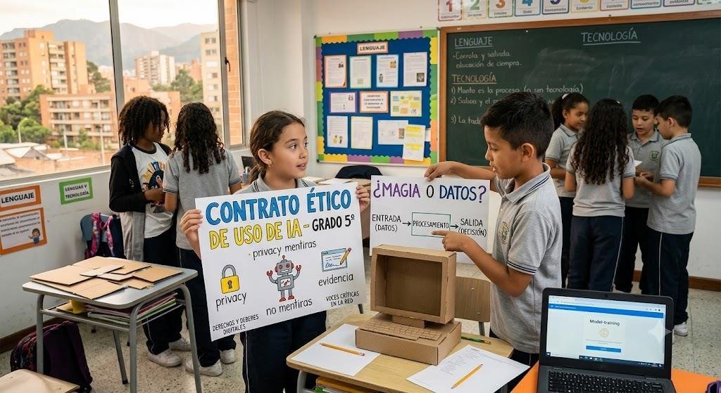 Estudiantes exploran aplicaciones e impactos de la inteligencia artificial en una actividad escolar.