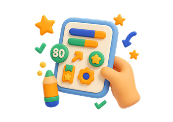 Ilustración de una mano sosteniendo una tarjeta con indicadores, estrellas y símbolos de logro, que representan el progreso y las insignias obtenidas en Curriwiki.