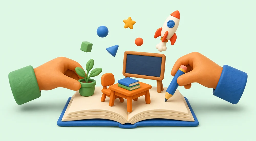 Ilustración de recursos didácticos sobre un libro abierto